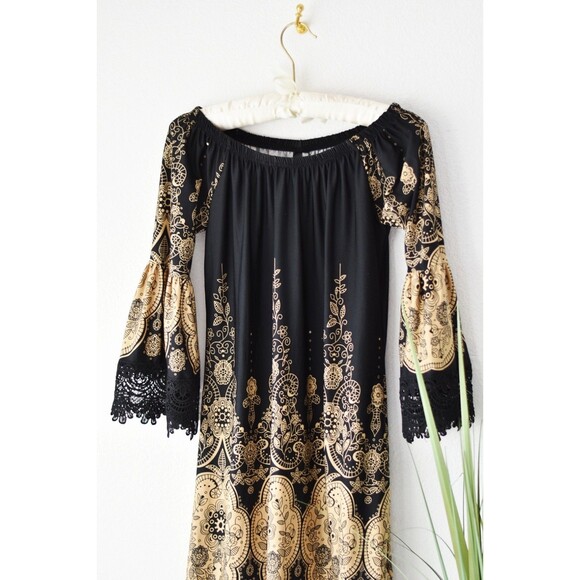 White Mark Black & Gold Paisley Print Off-Shoulder Mini Dress Women's Size S - Picture 2 of 7